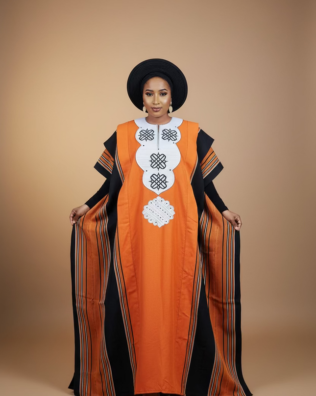Boubou aso oke oloyé brodé - Orange blanc