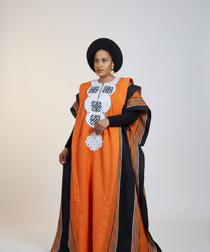 Boubou aso oke oloyé brodé - Orange blanc