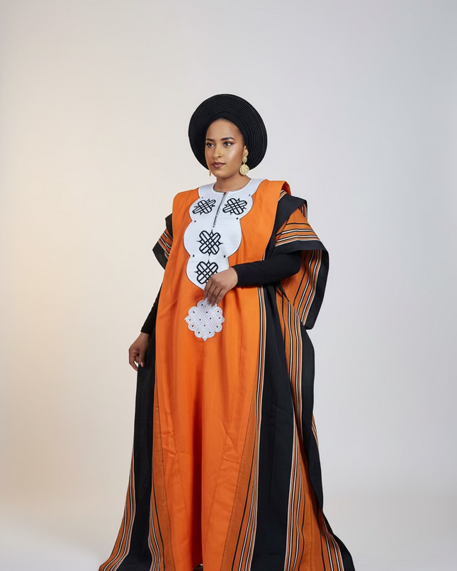 Boubou aso oke oloyé brodé - Orange blanc