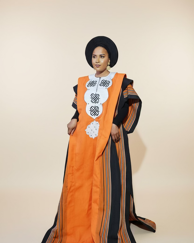Boubou aso oke oloyé brodé - Orange blanc