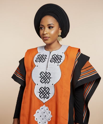 Boubou aso oke oloyé brodé - Orange blanc