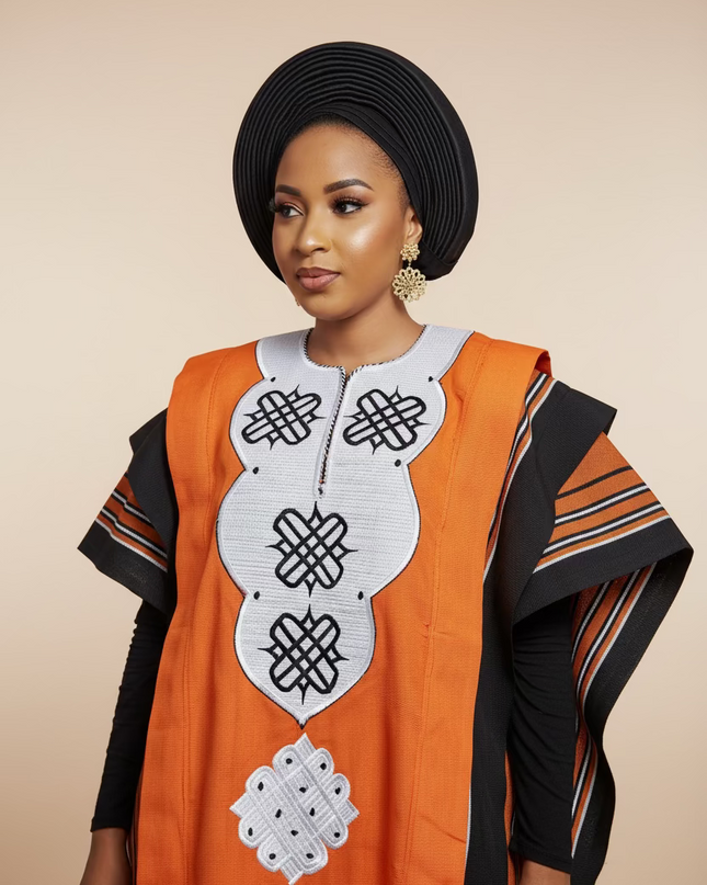 Boubou aso oke oloyé brodé - Orange blanc