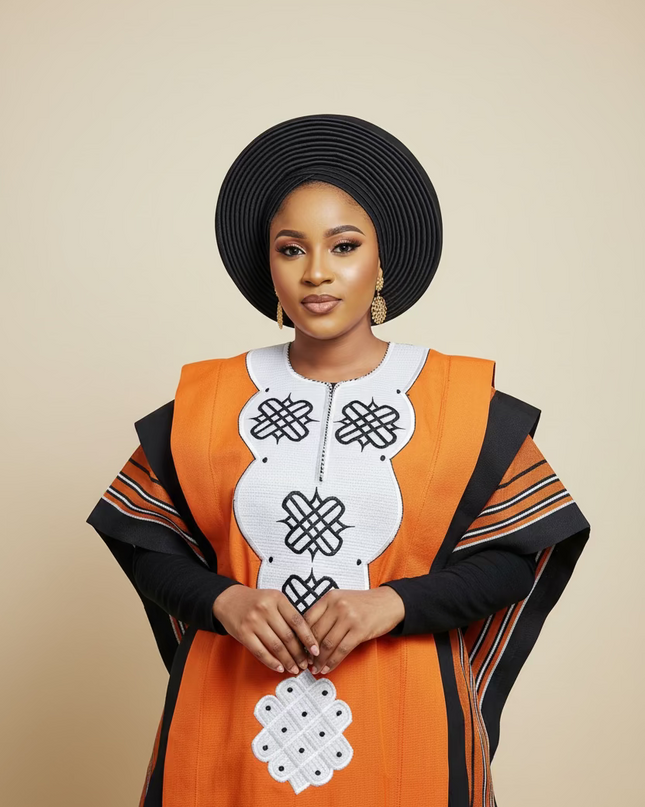 Boubou aso oke oloyé brodé - Orange blanc