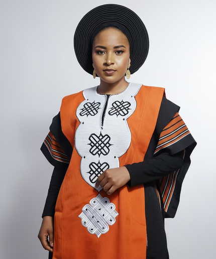 Boubou aso oke oloyé brodé - Orange blanc
