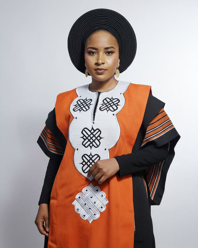 Boubou aso oke oloyé brodé - Orange blanc