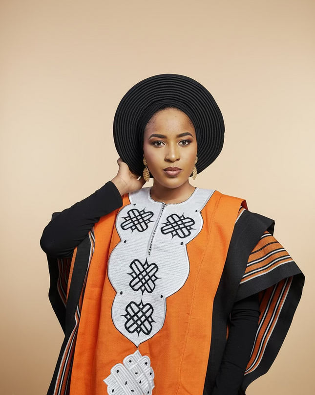 Boubou aso oke oloyé brodé - Orange blanc