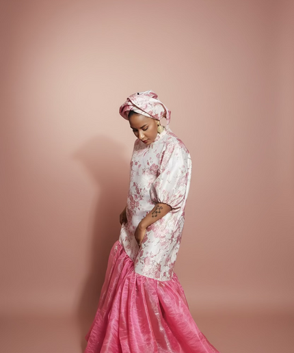 Robe fleurie brocart organza - Rose
