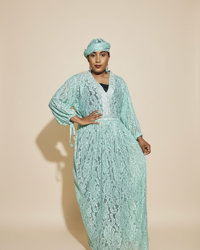 Robe dentelle pailletée - Turquoise