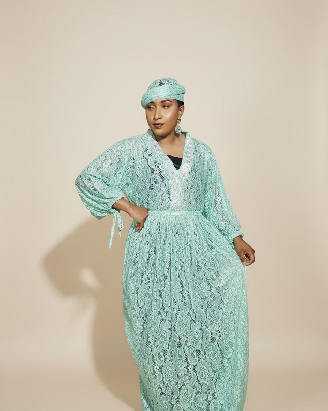 Robe dentelle pailletée - Turquoise