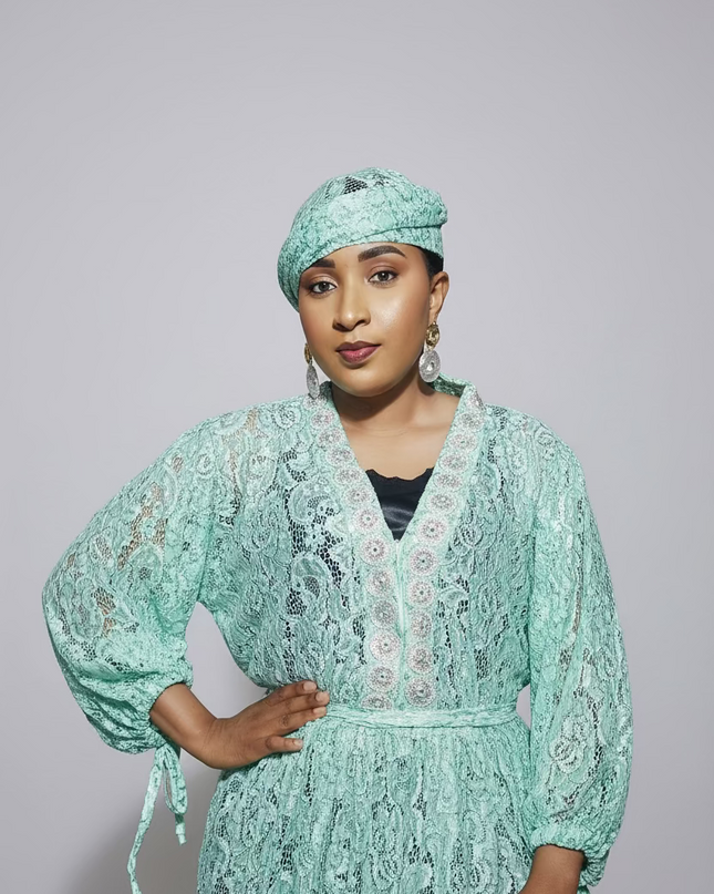 Robe dentelle pailletée - Turquoise