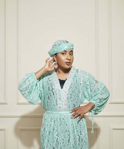 Robe dentelle pailletée - Turquoise