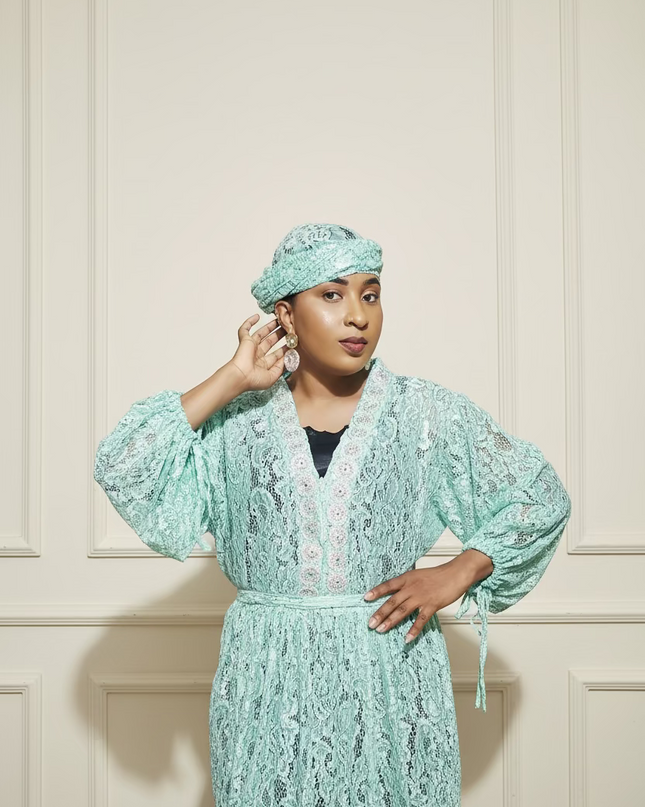 Robe dentelle pailletée - Turquoise