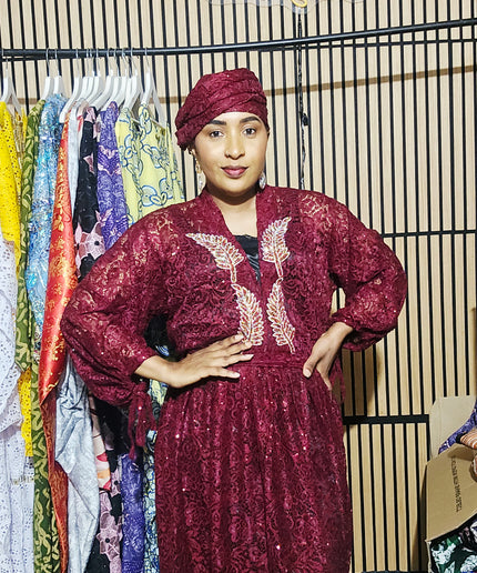 Robe dentelle pailletée - bordeaux