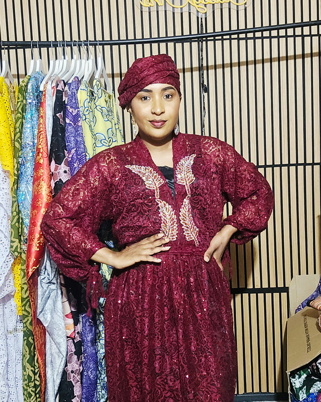 Robe dentelle pailletée - bordeaux