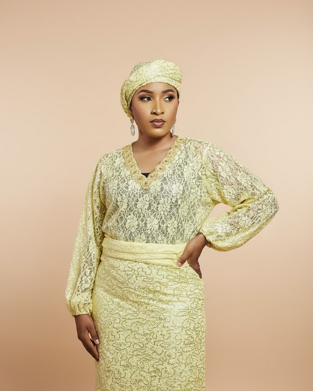 Ensemble anango dentelle pailletée - Jaune