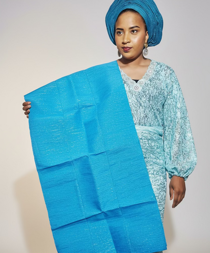 Foulard nigérian prénoué Aso Oké - Bleu turquoise