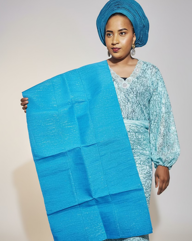 Foulard nigérian prénoué Aso Oké - Bleu turquoise