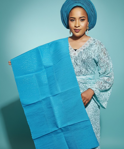 Foulard nigérian prénoué Aso Oké - Bleu turquoise