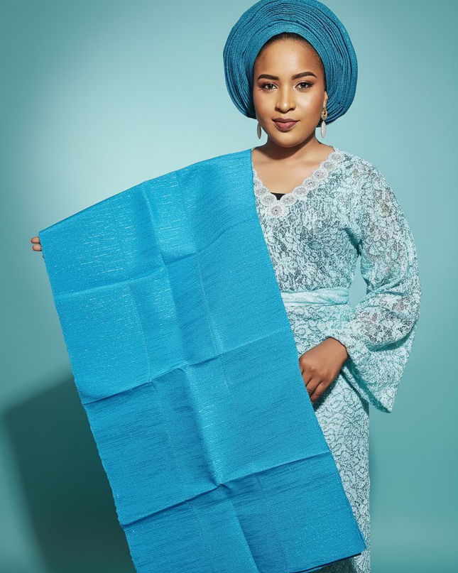 Foulard nigérian prénoué Aso Oké - Bleu turquoise