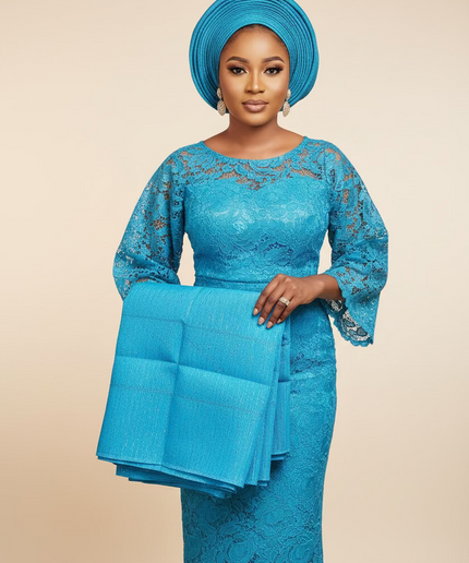 Foulard nigérian prénoué Aso Oké - Bleu turquoise