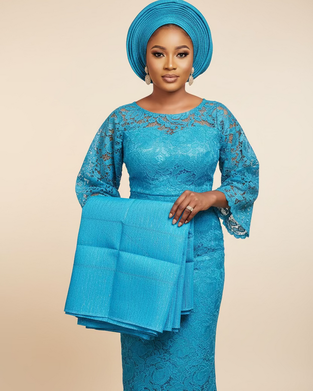 Foulard nigérian prénoué Aso Oké - Bleu turquoise