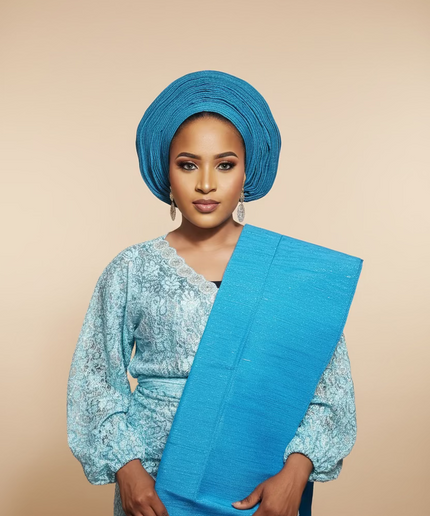 Foulard nigérian prénoué Aso Oké - Bleu turquoise