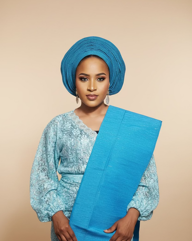 Foulard nigérian prénoué Aso Oké - Bleu turquoise