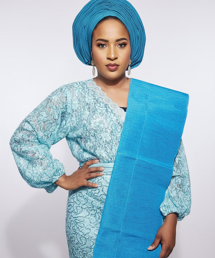 Foulard nigérian prénoué Aso Oké - Bleu turquoise