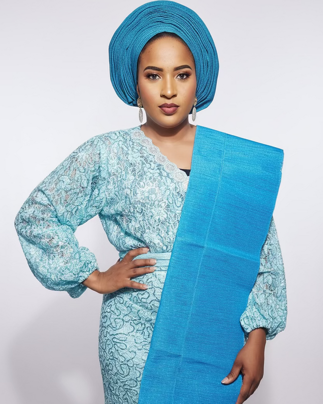 Foulard nigérian prénoué Aso Oké - Bleu turquoise