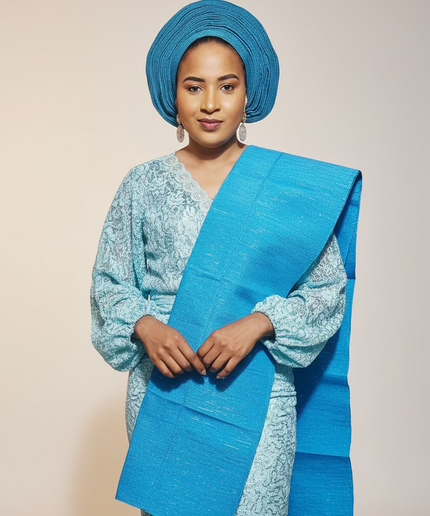 Foulard nigérian prénoué Aso Oké - Bleu turquoise