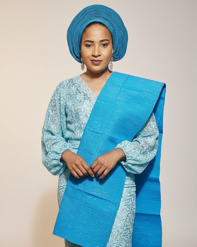 Foulard nigérian prénoué Aso Oké - Bleu turquoise