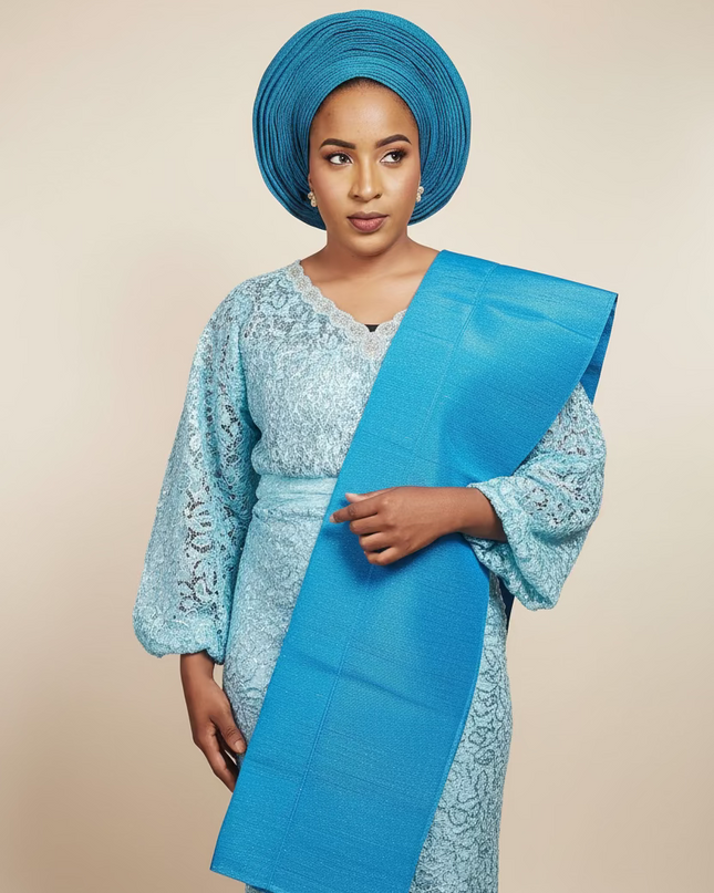 Foulard nigérian prénoué Aso Oké - Bleu turquoise