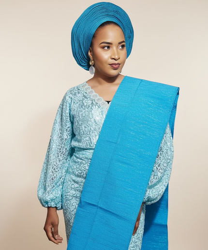 Foulard nigérian prénoué Aso Oké - Bleu turquoise
