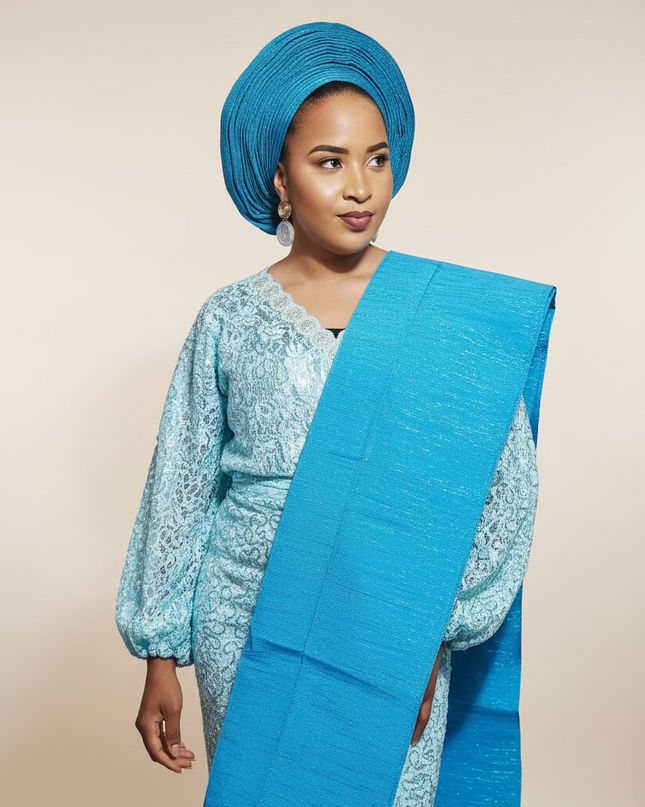 Foulard nigérian prénoué Aso Oké - Bleu turquoise