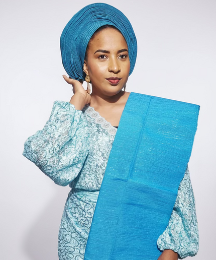Foulard nigérian prénoué Aso Oké - Bleu turquoise