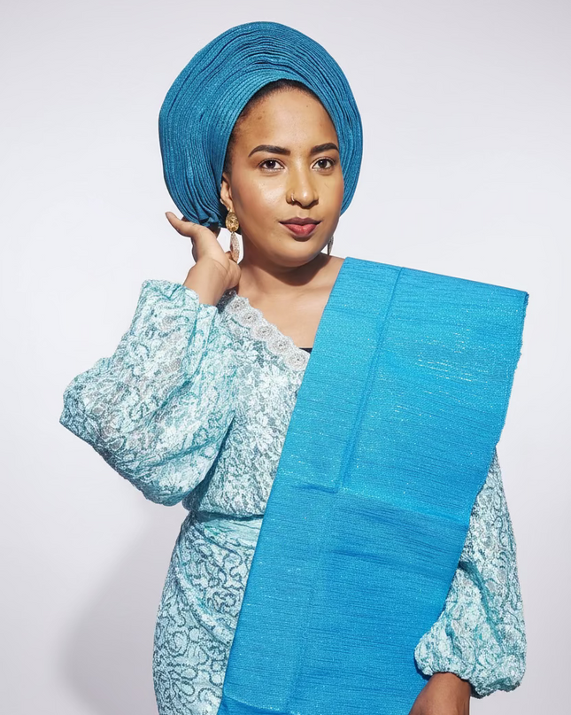 Foulard nigérian prénoué Aso Oké - Bleu turquoise