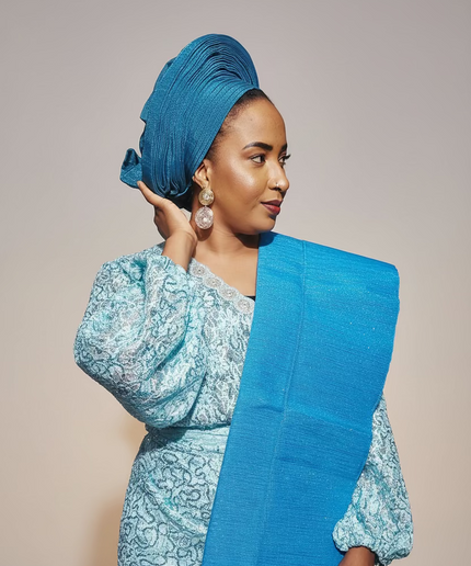 Foulard nigérian prénoué Aso Oké - Bleu turquoise