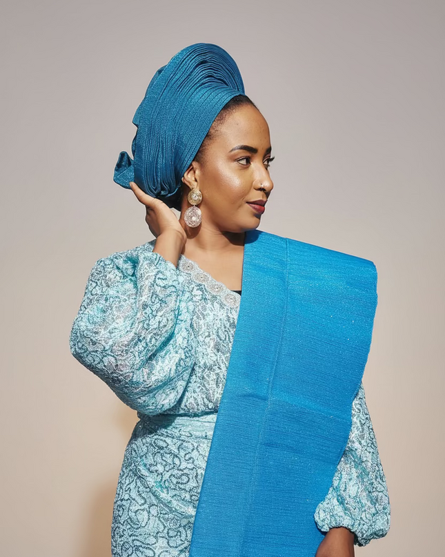 Foulard nigérian prénoué Aso Oké - Bleu turquoise