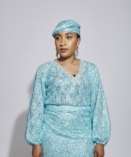 Ensemble anango dentelle pailletée - Turquoise
