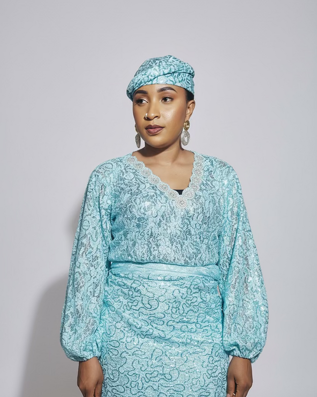 Ensemble anango dentelle pailletée - Turquoise