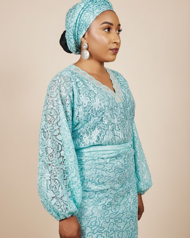 Ensemble anango dentelle pailletée - Turquoise
