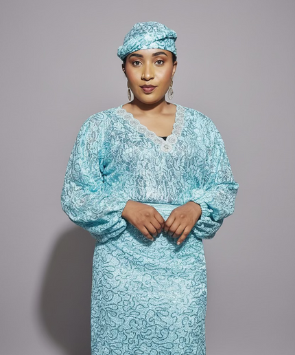 Ensemble anango dentelle pailletée - Turquoise