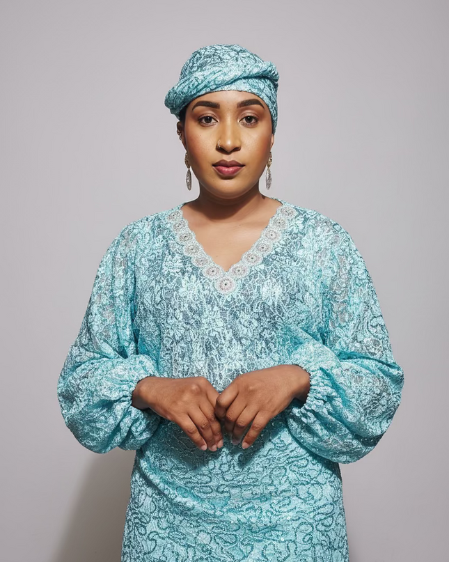 Ensemble anango dentelle pailletée - Turquoise