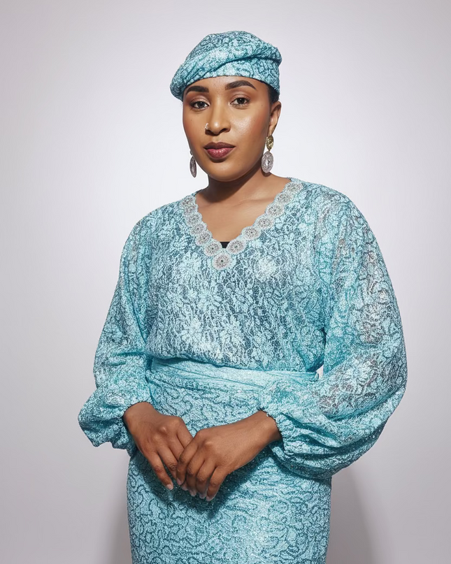 Ensemble anango dentelle pailletée - Turquoise