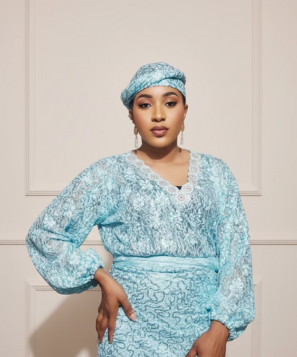 Ensemble anango dentelle pailletée - Turquoise