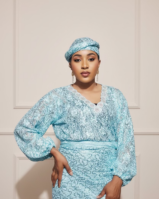 Ensemble anango dentelle pailletée - Turquoise