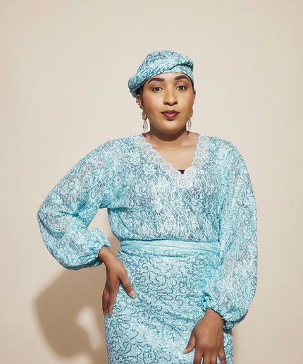 Ensemble anango dentelle pailletée - Turquoise