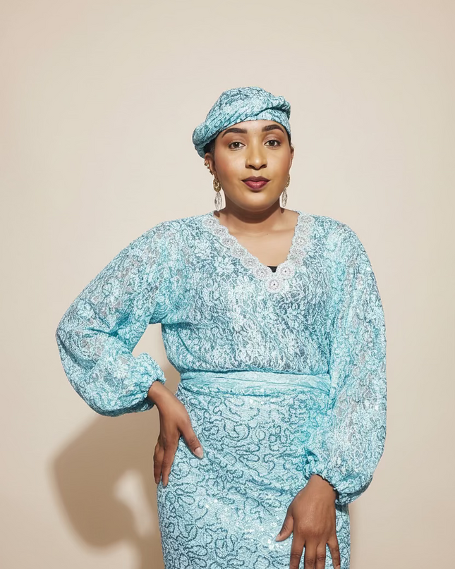 Ensemble anango dentelle pailletée - Turquoise