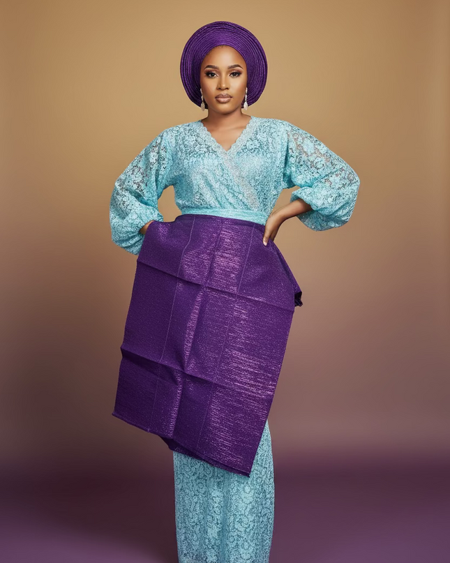 Foulard nigérian prénoué Aso Oké -  Violet