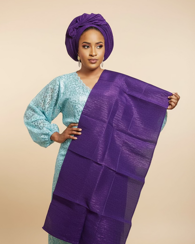 Foulard nigérian prénoué Aso Oké -  Violet